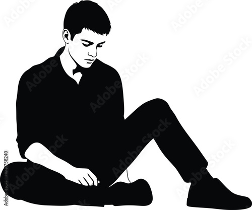 High contrast pensive silhouette illustration of a young man sitting comfortably on the floor looking down while lost in deep thought representing sadness loneliness or solitude in a AI Generative