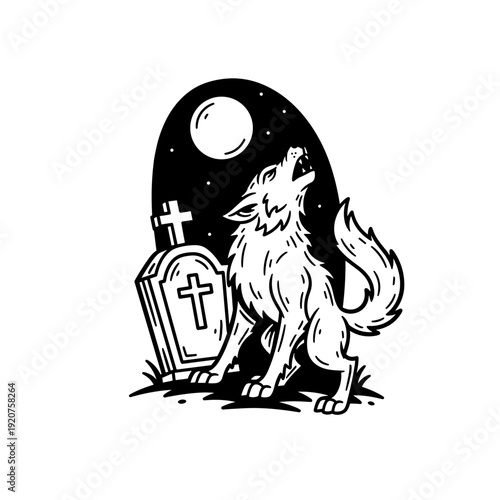 Howling wolf in a graveyard under a full moon.