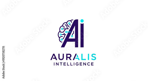 Purple AI Letters and Brain Circuitry Logo with Auralis Intelligence Text, Isolated White Background.