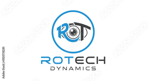 Blue Circular R Letter and Camera Lens Logo with Rotech Dynamics Text, Isolated White Background.