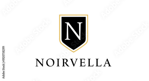 Black and Gold Crest Letter N Logo with Noirvella Text, Isolated White Background.