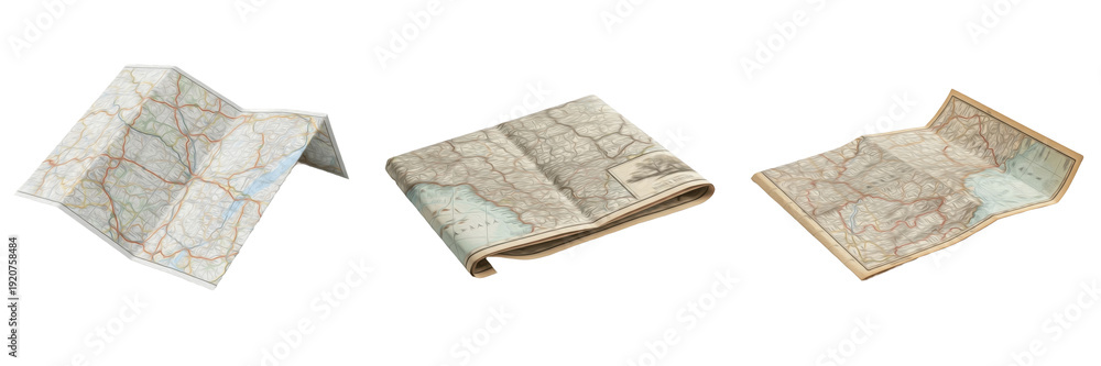 Fototapeta premium Set and collection of vintage folded paper topographic maps for travel and navigation mockup isolated on white transparent PNG background