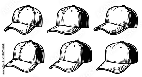 Set of six hand-drawn baseball caps in various angles and styles, vintage sketch illustration.