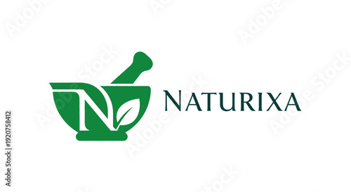 Green 'N' letter logo with mortar and pestle and leaf for natural health products, isolated white background