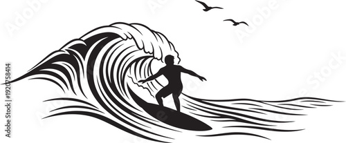 Surfer Riding Ocean Wave, dynamic tropical seascape action scene, powerful blue barrel surf moment, extreme water sport adventure, summer beach lifestyle illustration for travel and sport branding. 