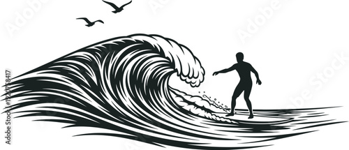 Surfer Riding Ocean Wave, dynamic tropical seascape action scene, powerful blue barrel surf moment, extreme water sport adventure, summer beach lifestyle illustration for travel and sport branding. 