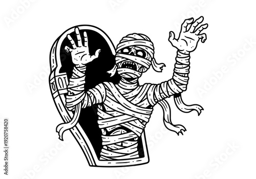 Mummy rising from coffin in a spooky Halloween illustration.