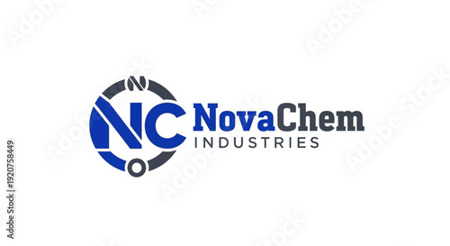 Abstract 'NC' letter logo with atom elements for chemical industries, isolated white background