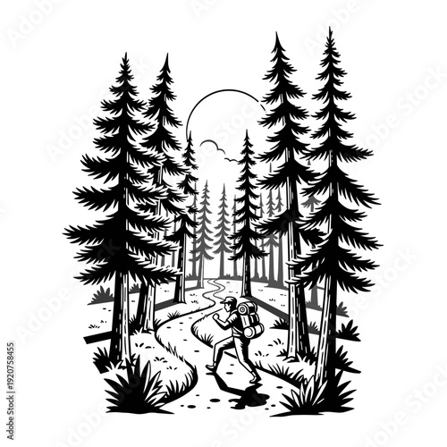 A lone hiker with a backpack walks along a winding path through a dense forest.