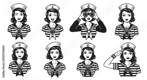 Set of eight vintage sailor girl portraits in various poses.