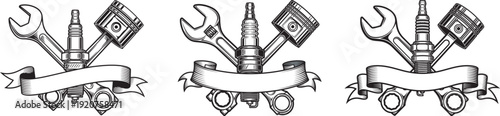 Mechanic Emblem with Wrench and Piston, detailed spark plug badge design, vintage automotive repair logo, bold garage workshop symbol, classic mechanical service branding for industry identity.