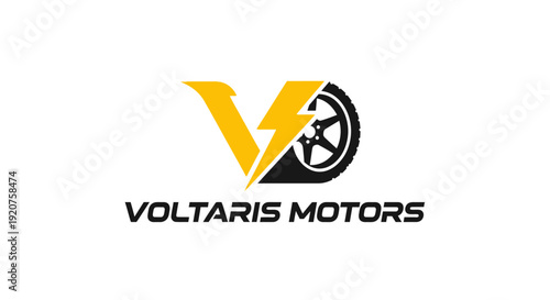 Yellow Voltaris Motors lightning bolt and tire logo design on isolated white background