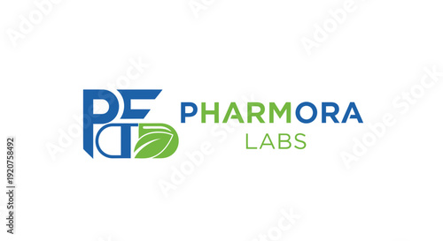 Blue and green Pharmora Labs letter P and D with leaf logo design on isolated white background