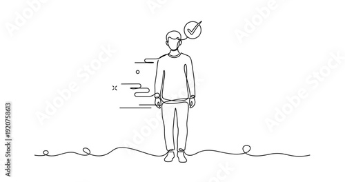 Minimalist line art of young caucasian male with check mark symbol, no editable stroke