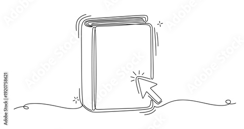 Simple line drawing of a book with a cursor icon for online reading concept, no editable stroke