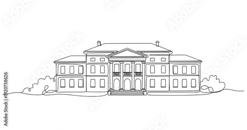 Grand historic mansion line art illustration with columns and symmetry, no editable stroke