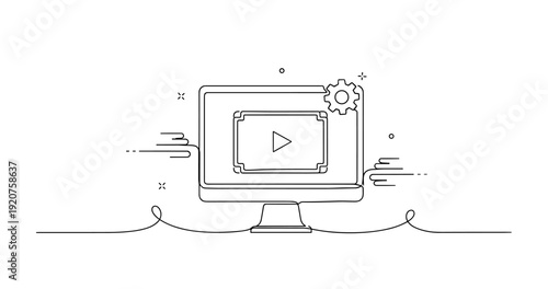 Computer screen with media player icon and gear in line art style, no editable stroke