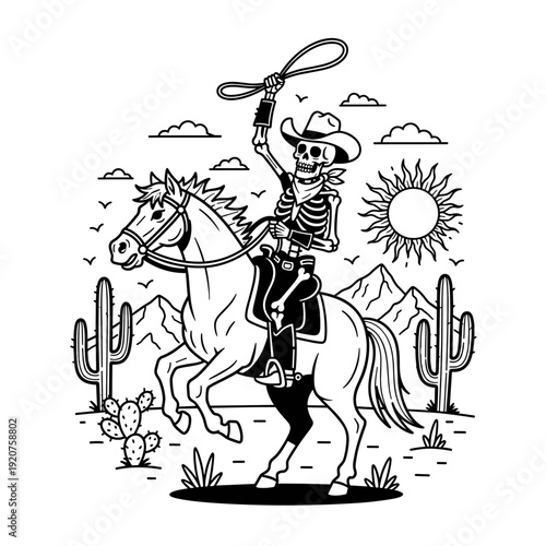 Skeleton cowboy riding a horse with a lasso in hand.