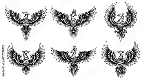 Set of six majestic phoenix bird illustrations with spread wings.