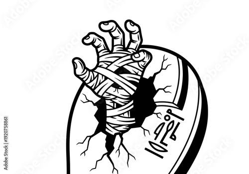Mummy Hand Breaking Through Tombstone in Black and White.