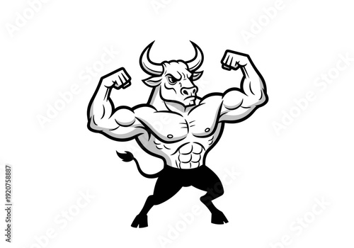 Muscular Bull Mascot Flexing Biceps in Strong Pose.