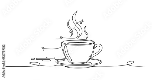 Minimalist line art of a steaming coffee cup on saucer with flowing lines. No editable strokes