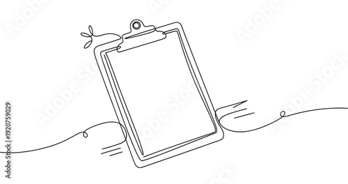 Minimalistic single-line drawing of clipboard with paper and pen. No editable strokes