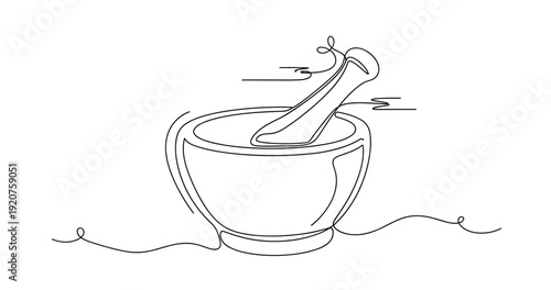 Continuous line art of mortar and pestle - minimalist design sketch. No editable strokes