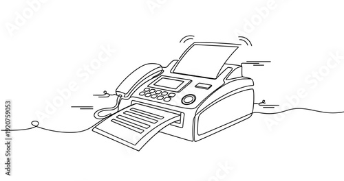 Outline of a fax machine in action with paper output and handset. No editable strokes