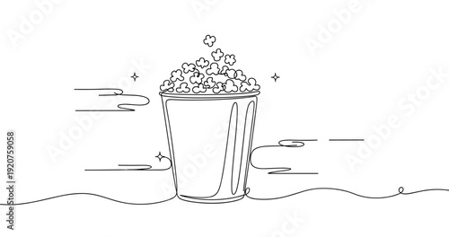 Monochrome outline of popcorn bucket with clouds and stars. No editable strokes