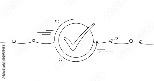 Minimalist black checkmark design with decorative swirls in simple line art style. No editable strokes