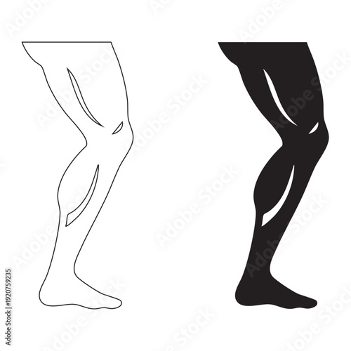 Human leg outline and silhouette vector illustration. Two versions of a muscular male leg, one as a black line art drawing and the other as a solid black fill, isolated on a white background.