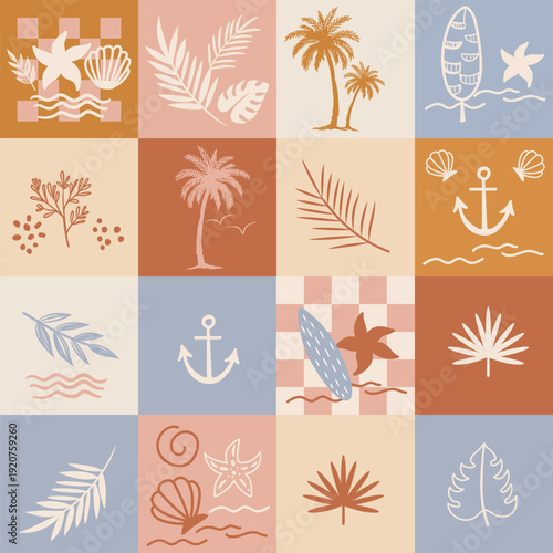 Retro hand drawn tropical summer seamless pattern. Patchwork tapestry background illustration. Vintage exotic nature mosaic print, jungle palm ocean texture
