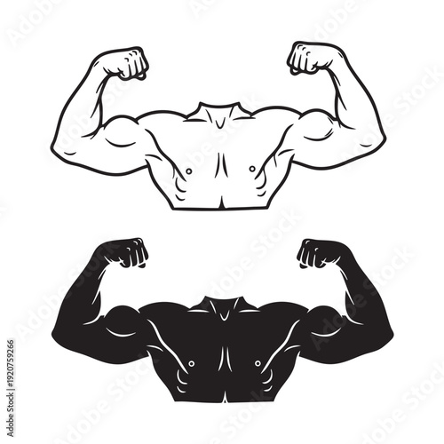 Muscular male torso showing biceps in two styles: outline and solid fill. Vector illustration of a strong bodybuilder's physique, ideal for fitness and strength concepts