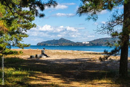 Stunning view in Amanohashidate on a sunny day. Monju, Miyazu, Kyoto, Japan.