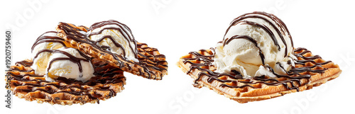 Set of stroopwafel waffles with vanilla ice cream and chocolate drizzle isolated on transparent background, PNG