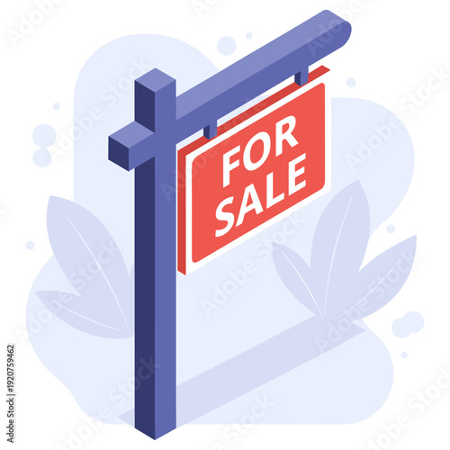 Real estate for sale sign with wooden post and red signboard