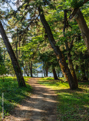 Stunning view in Amanohashidate on a sunny day. Monju, Miyazu, Kyoto, Japan.
