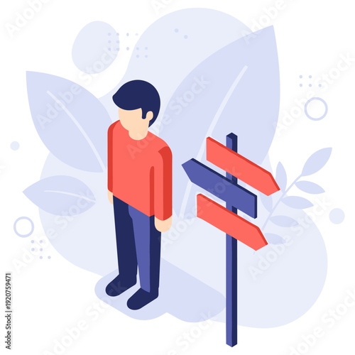 Young asian male exploring choices with directional signpost in abstract setting