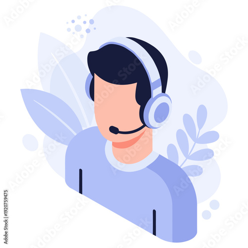 Male customer support agent with headset in minimalist illustration style
