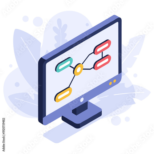 Isometric computer monitor displaying colorful flowchart diagram