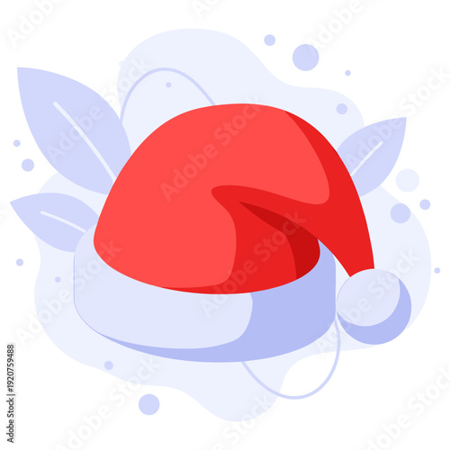 Red santa hat with white trim on abstract blue background