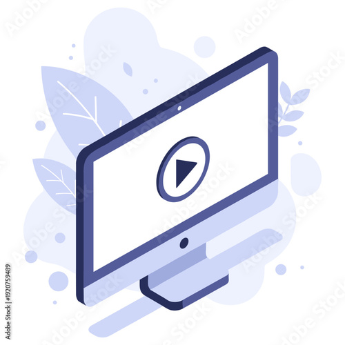 Illustrative play icon on computer screen with abstract leaf background