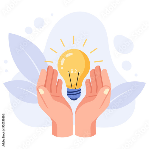 Creative light bulb concept with hands and abstract leaves background