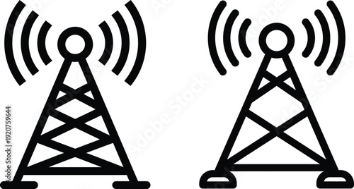 Two black radio tower icons with signal waves emitting