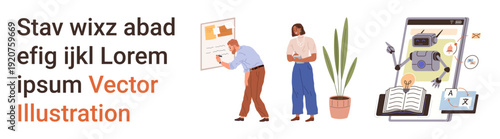 Education, AI technology, digital services, collaboration, learning tools, robotic assistance. Man writing on board, woman with phone robot in tablet. Education and AI technology concept