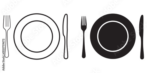 Restaurant place setting icon collection. Includes fork, plate, and knife symbols in both outline and solid styles. Created in a minimalist vector style with a black and white color palette.