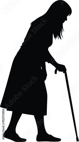 Side view profile silhouette illustration of an elderly woman walking slowly while leaning on a cane walking stick for support in a clean minimalist style for aging and healthcare concepts AI Generati