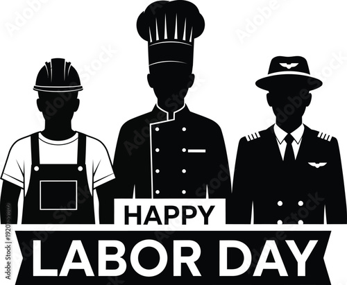 Group silhouette illustration of a construction worker, chef, and pilot for Happy Labor Day greeting poster representing professional workforce appreciation and unity AI Generative

