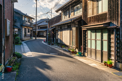 Beautiful late afternoon sight in Ine Bay, with the typical Funaya boat houses. Kyoto, Japan.
